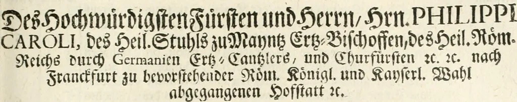 An illustration from Vollständiges Diarium von den merckwürdigsten Begebenheiten die sich vor, in und nach der höchst-beglückten Wahl und Crönung des allerdurchlauchtigsten, grossmächtigsten und unüberwindlichsten Fürsten und Herrn, Herrn Carls des VII., erwehlten Römischen Kaysers ... im gantzen Heil. Röm. Reich, und sonderlich in dieser freyen Reichs- und Wahl-Stadt Franckfurt am Mayn zugetragen : nebst umständlicher Beschreibung der Ein- und Aufzüge, Freuden-Feste, und übrigen feyerlichen Handlungen, sammt vielen Urkunden, Portraits, und andern Kupferstichen : auch einem Anhang von Beylagen, und ausführlichem Register .., 1742, leaf 520