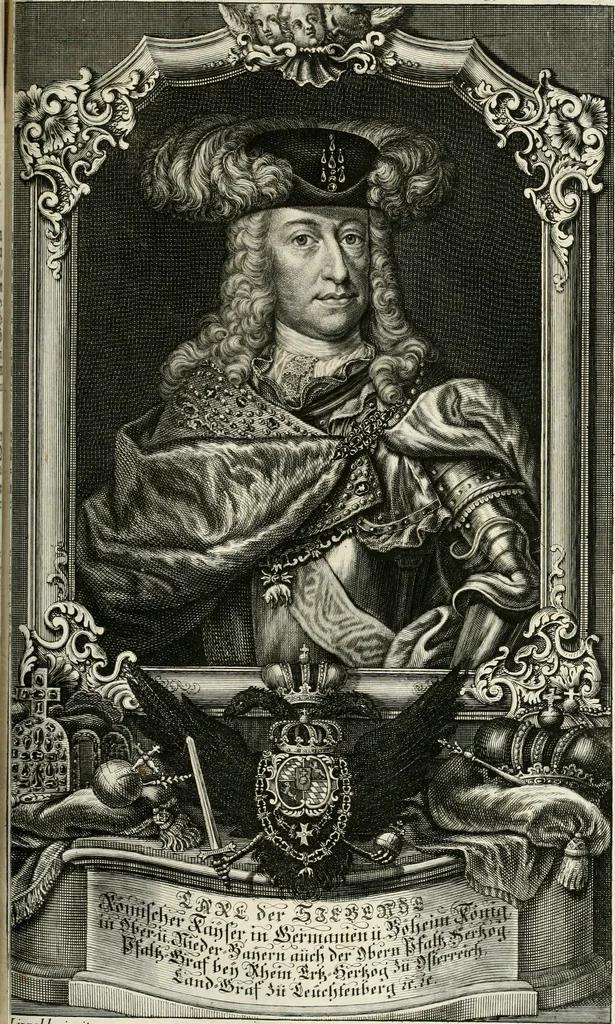 An illustration from Vollständiges Diarium von den merckwürdigsten Begebenheiten die sich vor, in und nach der höchst-beglückten Wahl und Crönung des allerdurchlauchtigsten, grossmächtigsten und unüberwindlichsten Fürsten und Herrn, Herrn Carls des VII., erwehlten Römischen Kaysers ... im gantzen Heil. Röm. Reich, und sonderlich in dieser freyen Reichs- und Wahl-Stadt Franckfurt am Mayn zugetragen : nebst umständlicher Beschreibung der Ein- und Aufzüge, Freuden-Feste, und übrigen feyerlichen Handlungen, sammt vielen Urkunden, Portraits, und andern Kupferstichen : auch einem Anhang von Beylagen, und ausführlichem Register .., 1742, leaf 716