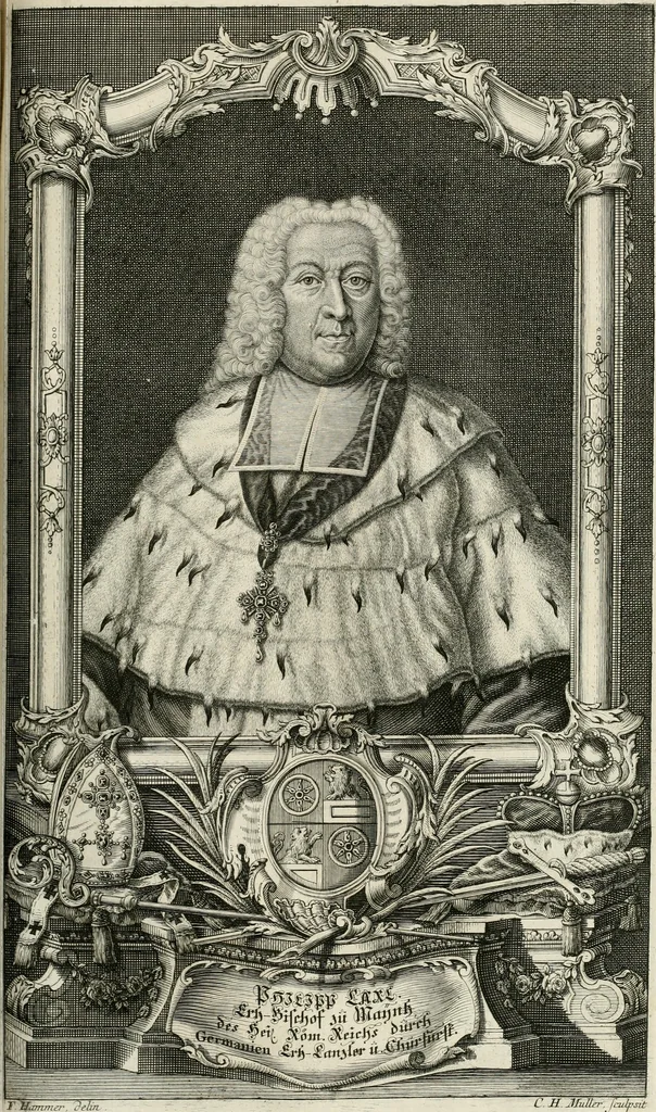 An illustration from Vollständiges Diarium von den merckwürdigsten Begebenheiten die sich vor, in und nach der höchst-beglückten Wahl und Crönung des allerdurchlauchtigsten, grossmächtigsten und unüberwindlichsten Fürsten und Herrn, Herrn Carls des VII., erwehlten Römischen Kaysers ... im gantzen Heil. Röm. Reich, und sonderlich in dieser freyen Reichs- und Wahl-Stadt Franckfurt am Mayn zugetragen : nebst umständlicher Beschreibung der Ein- und Aufzüge, Freuden-Feste, und übrigen feyerlichen Handlungen, sammt vielen Urkunden, Portraits, und andern Kupferstichen : auch einem Anhang von Beylagen, und ausführlichem Register .., 1742, leaf 718