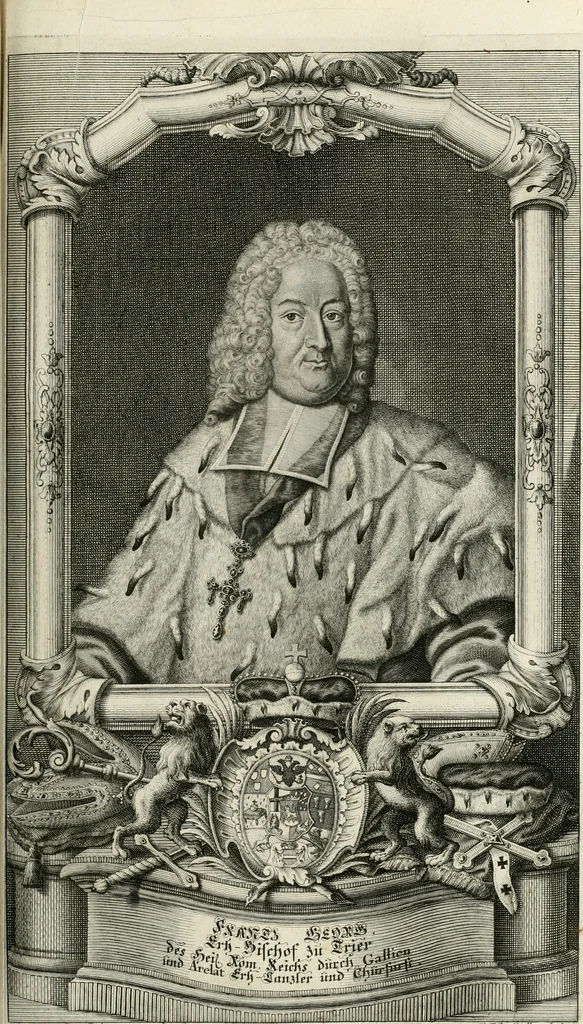 An illustration from Vollständiges Diarium von den merckwürdigsten Begebenheiten die sich vor, in und nach der höchst-beglückten Wahl und Crönung des allerdurchlauchtigsten, grossmächtigsten und unüberwindlichsten Fürsten und Herrn, Herrn Carls des VII., erwehlten Römischen Kaysers ... im gantzen Heil. Röm. Reich, und sonderlich in dieser freyen Reichs- und Wahl-Stadt Franckfurt am Mayn zugetragen : nebst umständlicher Beschreibung der Ein- und Aufzüge, Freuden-Feste, und übrigen feyerlichen Handlungen, sammt vielen Urkunden, Portraits, und andern Kupferstichen : auch einem Anhang von Beylagen, und ausführlichem Register .., 1742, leaf 722
