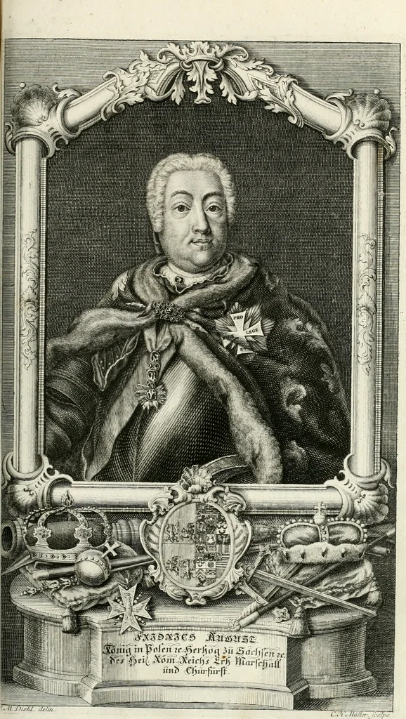 An illustration from Vollständiges Diarium von den merckwürdigsten Begebenheiten die sich vor, in und nach der höchst-beglückten Wahl und Crönung des allerdurchlauchtigsten, grossmächtigsten und unüberwindlichsten Fürsten und Herrn, Herrn Carls des VII., erwehlten Römischen Kaysers ... im gantzen Heil. Röm. Reich, und sonderlich in dieser freyen Reichs- und Wahl-Stadt Franckfurt am Mayn zugetragen : nebst umständlicher Beschreibung der Ein- und Aufzüge, Freuden-Feste, und übrigen feyerlichen Handlungen, sammt vielen Urkunden, Portraits, und andern Kupferstichen : auch einem Anhang von Beylagen, und ausführlichem Register .., 1742, leaf 724