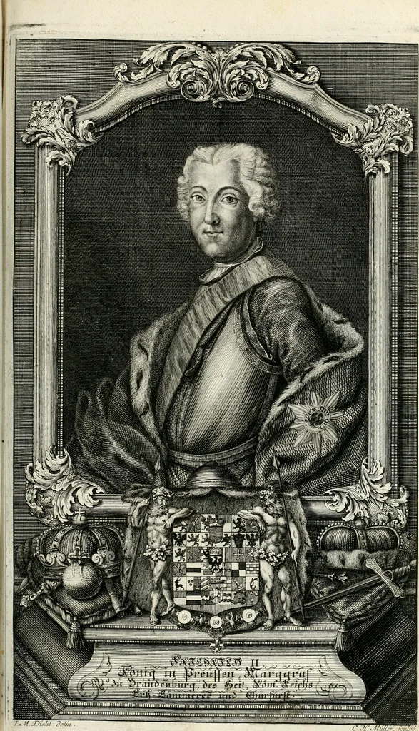 An illustration from Vollständiges Diarium von den merckwürdigsten Begebenheiten die sich vor, in und nach der höchst-beglückten Wahl und Crönung des allerdurchlauchtigsten, grossmächtigsten und unüberwindlichsten Fürsten und Herrn, Herrn Carls des VII., erwehlten Römischen Kaysers ... im gantzen Heil. Röm. Reich, und sonderlich in dieser freyen Reichs- und Wahl-Stadt Franckfurt am Mayn zugetragen : nebst umständlicher Beschreibung der Ein- und Aufzüge, Freuden-Feste, und übrigen feyerlichen Handlungen, sammt vielen Urkunden, Portraits, und andern Kupferstichen : auch einem Anhang von Beylagen, und ausführlichem Register .., 1742, leaf 726