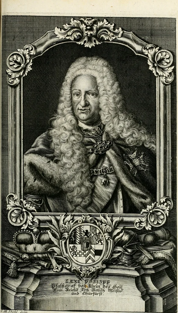 An illustration from Vollständiges Diarium von den merckwürdigsten Begebenheiten die sich vor, in und nach der höchst-beglückten Wahl und Crönung des allerdurchlauchtigsten, grossmächtigsten und unüberwindlichsten Fürsten und Herrn, Herrn Carls des VII., erwehlten Römischen Kaysers ... im gantzen Heil. Röm. Reich, und sonderlich in dieser freyen Reichs- und Wahl-Stadt Franckfurt am Mayn zugetragen : nebst umständlicher Beschreibung der Ein- und Aufzüge, Freuden-Feste, und übrigen feyerlichen Handlungen, sammt vielen Urkunden, Portraits, und andern Kupferstichen : auch einem Anhang von Beylagen, und ausführlichem Register .., 1742, leaf 728