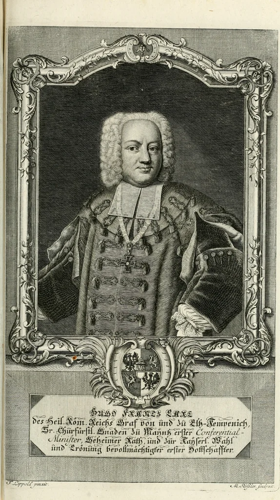 An illustration from Vollständiges Diarium von den merckwürdigsten Begebenheiten die sich vor, in und nach der höchst-beglückten Wahl und Crönung des allerdurchlauchtigsten, grossmächtigsten und unüberwindlichsten Fürsten und Herrn, Herrn Carls des VII., erwehlten Römischen Kaysers ... im gantzen Heil. Röm. Reich, und sonderlich in dieser freyen Reichs- und Wahl-Stadt Franckfurt am Mayn zugetragen : nebst umständlicher Beschreibung der Ein- und Aufzüge, Freuden-Feste, und übrigen feyerlichen Handlungen, sammt vielen Urkunden, Portraits, und andern Kupferstichen : auch einem Anhang von Beylagen, und ausführlichem Register .., 1742, leaf 732