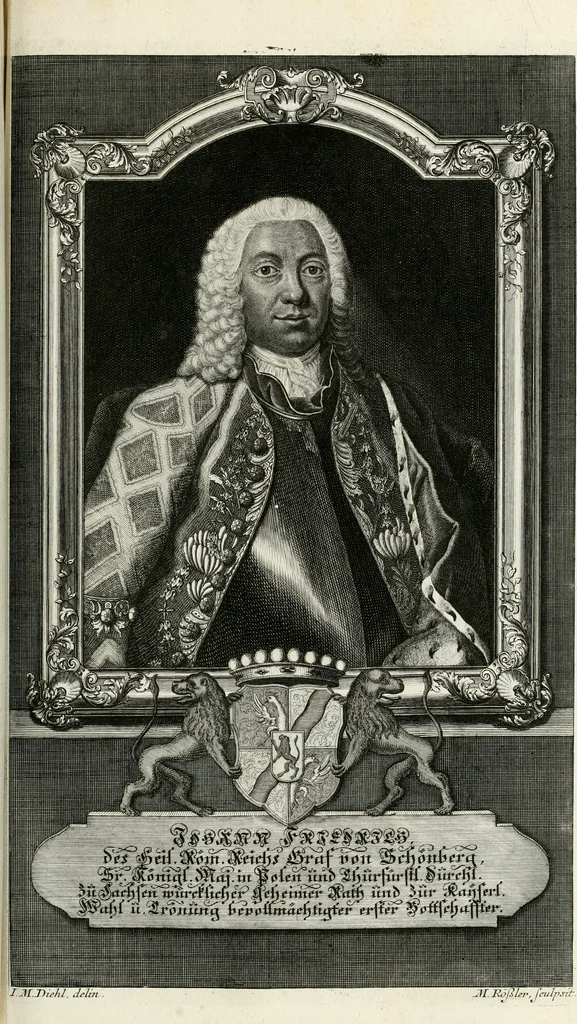 An illustration from Vollständiges Diarium von den merckwürdigsten Begebenheiten die sich vor, in und nach der höchst-beglückten Wahl und Crönung des allerdurchlauchtigsten, grossmächtigsten und unüberwindlichsten Fürsten und Herrn, Herrn Carls des VII., erwehlten Römischen Kaysers ... im gantzen Heil. Röm. Reich, und sonderlich in dieser freyen Reichs- und Wahl-Stadt Franckfurt am Mayn zugetragen : nebst umständlicher Beschreibung der Ein- und Aufzüge, Freuden-Feste, und übrigen feyerlichen Handlungen, sammt vielen Urkunden, Portraits, und andern Kupferstichen : auch einem Anhang von Beylagen, und ausführlichem Register .., 1742, leaf 738