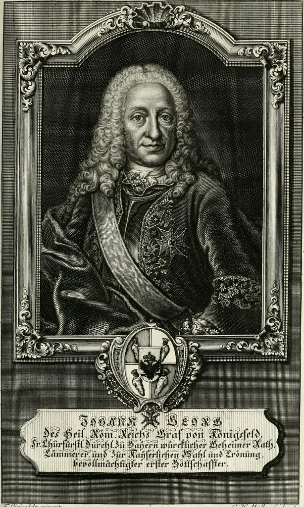 An illustration from Vollständiges Diarium von den merckwürdigsten Begebenheiten die sich vor, in und nach der höchst-beglückten Wahl und Crönung des allerdurchlauchtigsten, grossmächtigsten und unüberwindlichsten Fürsten und Herrn, Herrn Carls des VII., erwehlten Römischen Kaysers ... im gantzen Heil. Röm. Reich, und sonderlich in dieser freyen Reichs- und Wahl-Stadt Franckfurt am Mayn zugetragen : nebst umständlicher Beschreibung der Ein- und Aufzüge, Freuden-Feste, und übrigen feyerlichen Handlungen, sammt vielen Urkunden, Portraits, und andern Kupferstichen : auch einem Anhang von Beylagen, und ausführlichem Register .., 1742, leaf 740