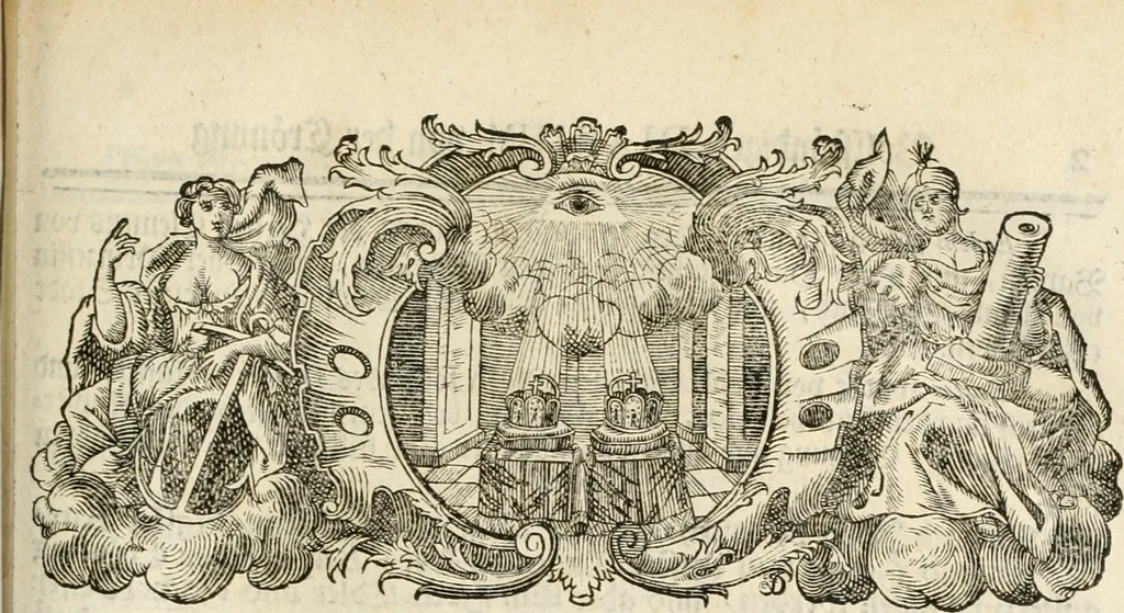An illustration from Vollständiges Diarium von den merckwürdigsten Begebenheiten die sich vor, in und nach der höchst-beglückten Wahl und Crönung des allerdurchlauchtigsten, grossmächtigsten und unüberwindlichsten Fürsten und Herrn, Herrn Carls des VII., erwehlten Römischen Kaysers ... im gantzen Heil. Röm. Reich, und sonderlich in dieser freyen Reichs- und Wahl-Stadt Franckfurt am Mayn zugetragen : nebst umständlicher Beschreibung der Ein- und Aufzüge, Freuden-Feste, und übrigen feyerlichen Handlungen, sammt vielen Urkunden, Portraits, und andern Kupferstichen : auch einem Anhang von Beylagen, und ausführlichem Register .., 1742, leaf 748