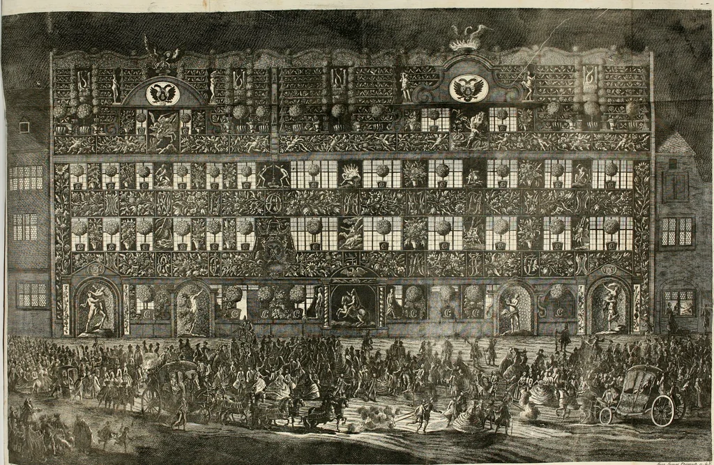 An illustration from Vollständiges Diarium von den merckwürdigsten Begebenheiten die sich vor, in und nach der höchst-beglückten Wahl und Crönung des allerdurchlauchtigsten, grossmächtigsten und unüberwindlichsten Fürsten und Herrn, Herrn Carls des VII., erwehlten Römischen Kaysers ... im gantzen Heil. Röm. Reich, und sonderlich in dieser freyen Reichs- und Wahl-Stadt Franckfurt am Mayn zugetragen : nebst umständlicher Beschreibung der Ein- und Aufzüge, Freuden-Feste, und übrigen feyerlichen Handlungen, sammt vielen Urkunden, Portraits, und andern Kupferstichen : auch einem Anhang von Beylagen, und ausführlichem Register .., 1742, leaf 775