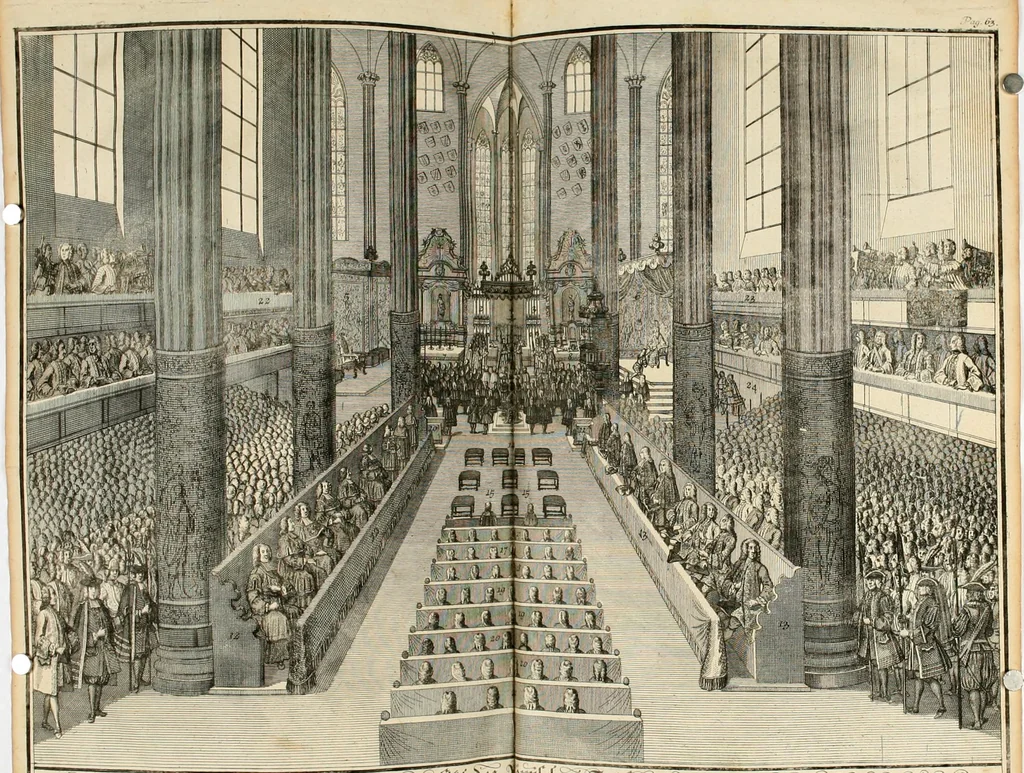 An illustration from Vollständiges Diarium von den merckwürdigsten Begebenheiten die sich vor, in und nach der höchst-beglückten Wahl und Crönung des allerdurchlauchtigsten, grossmächtigsten und unüberwindlichsten Fürsten und Herrn, Herrn Carls des VII., erwehlten Römischen Kaysers ... im gantzen Heil. Röm. Reich, und sonderlich in dieser freyen Reichs- und Wahl-Stadt Franckfurt am Mayn zugetragen : nebst umständlicher Beschreibung der Ein- und Aufzüge, Freuden-Feste, und übrigen feyerlichen Handlungen, sammt vielen Urkunden, Portraits, und andern Kupferstichen : auch einem Anhang von Beylagen, und ausführlichem Register .., 1742, leaf 815