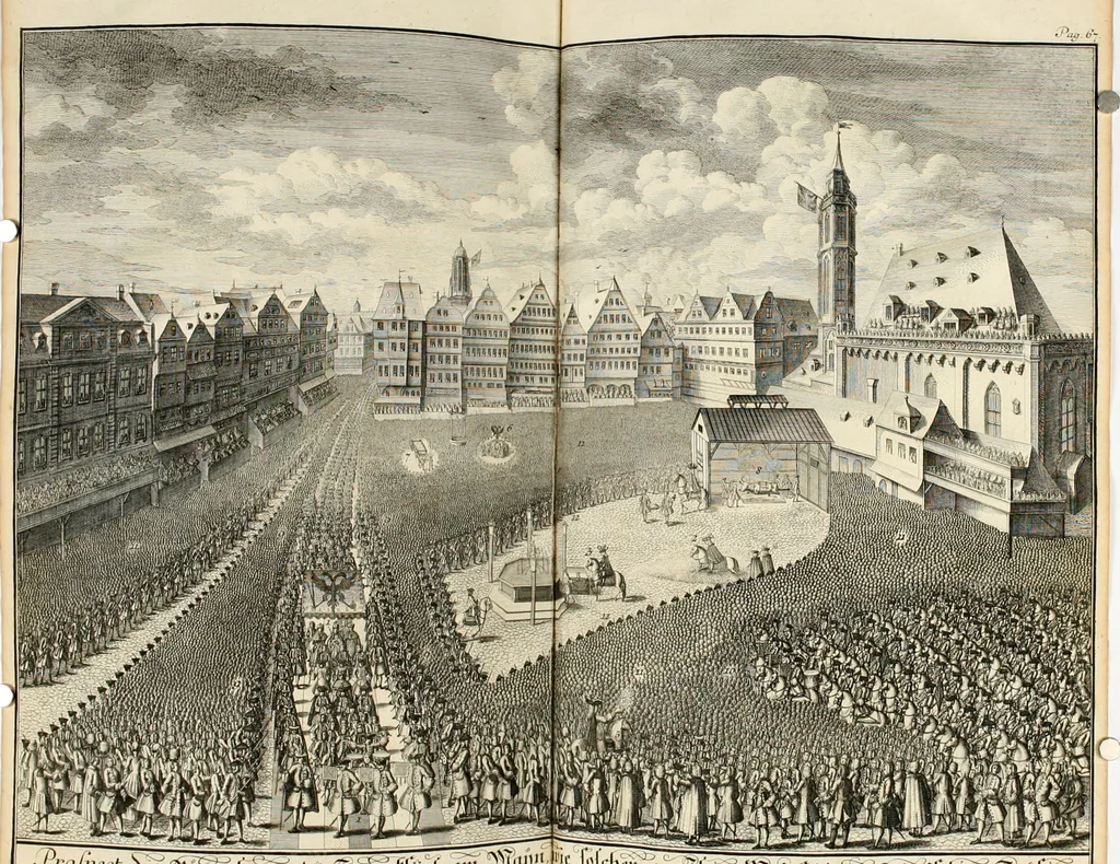 An illustration from Vollständiges Diarium von den merckwürdigsten Begebenheiten die sich vor, in und nach der höchst-beglückten Wahl und Crönung des allerdurchlauchtigsten, grossmächtigsten und unüberwindlichsten Fürsten und Herrn, Herrn Carls des VII., erwehlten Römischen Kaysers ... im gantzen Heil. Röm. Reich, und sonderlich in dieser freyen Reichs- und Wahl-Stadt Franckfurt am Mayn zugetragen : nebst umständlicher Beschreibung der Ein- und Aufzüge, Freuden-Feste, und übrigen feyerlichen Handlungen, sammt vielen Urkunden, Portraits, und andern Kupferstichen : auch einem Anhang von Beylagen, und ausführlichem Register .., 1742, leaf 821