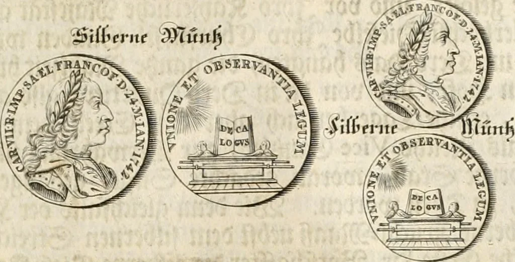 An illustration from Vollständiges Diarium von den merckwürdigsten Begebenheiten die sich vor, in und nach der höchst-beglückten Wahl und Crönung des allerdurchlauchtigsten, grossmächtigsten und unüberwindlichsten Fürsten und Herrn, Herrn Carls des VII., erwehlten Römischen Kaysers ... im gantzen Heil. Röm. Reich, und sonderlich in dieser freyen Reichs- und Wahl-Stadt Franckfurt am Mayn zugetragen : nebst umständlicher Beschreibung der Ein- und Aufzüge, Freuden-Feste, und übrigen feyerlichen Handlungen, sammt vielen Urkunden, Portraits, und andern Kupferstichen : auch einem Anhang von Beylagen, und ausführlichem Register .., 1742, leaf 822