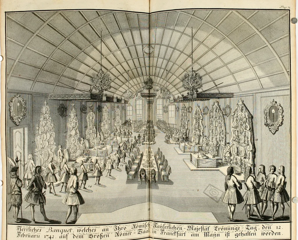 An illustration from Vollständiges Diarium von den merckwürdigsten Begebenheiten die sich vor, in und nach der höchst-beglückten Wahl und Crönung des allerdurchlauchtigsten, grossmächtigsten und unüberwindlichsten Fürsten und Herrn, Herrn Carls des VII., erwehlten Römischen Kaysers ... im gantzen Heil. Röm. Reich, und sonderlich in dieser freyen Reichs- und Wahl-Stadt Franckfurt am Mayn zugetragen : nebst umständlicher Beschreibung der Ein- und Aufzüge, Freuden-Feste, und übrigen feyerlichen Handlungen, sammt vielen Urkunden, Portraits, und andern Kupferstichen : auch einem Anhang von Beylagen, und ausführlichem Register .., 1742, leaf 827