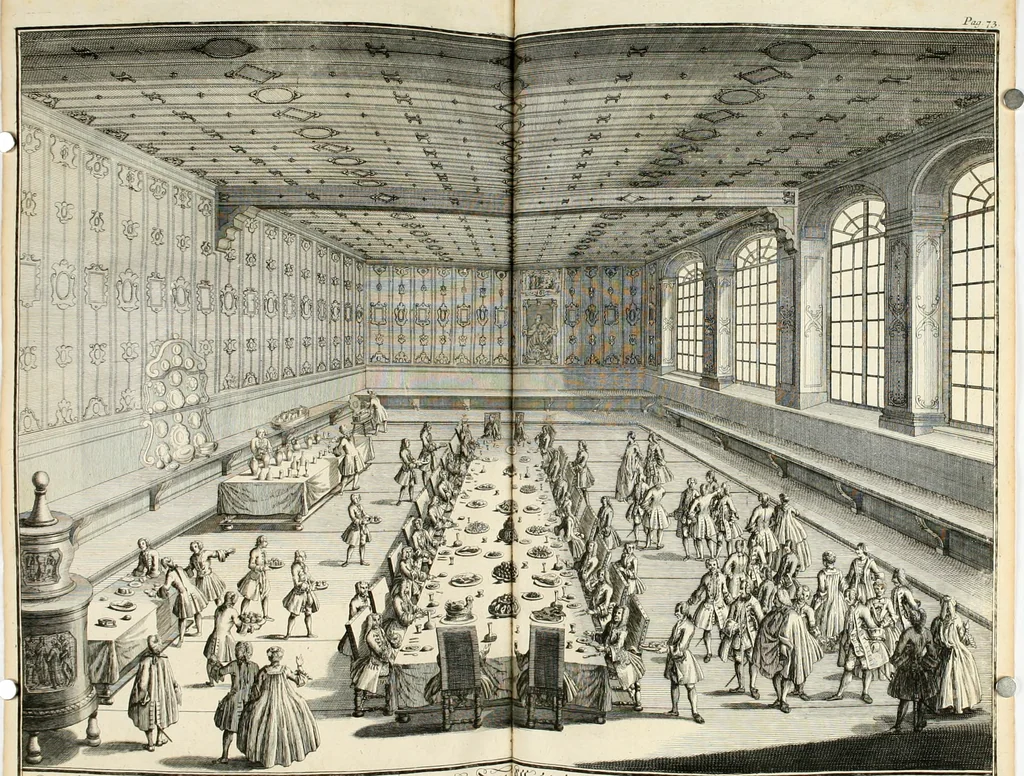 An illustration from Vollständiges Diarium von den merckwürdigsten Begebenheiten die sich vor, in und nach der höchst-beglückten Wahl und Crönung des allerdurchlauchtigsten, grossmächtigsten und unüberwindlichsten Fürsten und Herrn, Herrn Carls des VII., erwehlten Römischen Kaysers ... im gantzen Heil. Röm. Reich, und sonderlich in dieser freyen Reichs- und Wahl-Stadt Franckfurt am Mayn zugetragen : nebst umständlicher Beschreibung der Ein- und Aufzüge, Freuden-Feste, und übrigen feyerlichen Handlungen, sammt vielen Urkunden, Portraits, und andern Kupferstichen : auch einem Anhang von Beylagen, und ausführlichem Register .., 1742, leaf 831