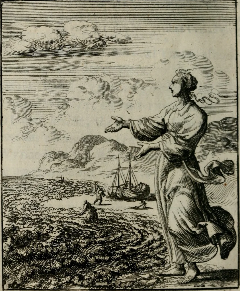 An illustration from Voncken der liefde Jesu, van het Godt-begerende zielen-vuur : zynde bloemetjes der saalige hoope, tot verheugelykheid der wandelaars, langs den weg, na vreeden-ryk : een behelsinge van vyftig sinne-beelden, met hunne, daar op speelende, verssen, en heylige spreuken, 1696, leaf 101