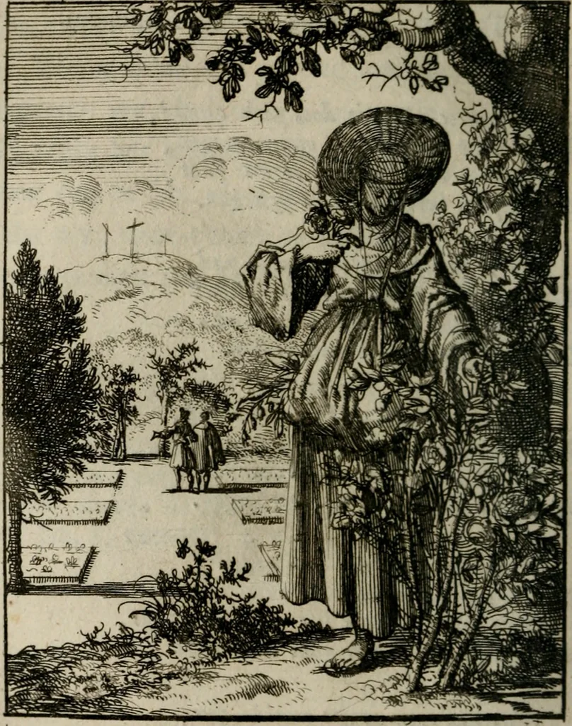 An illustration from Voncken der liefde Jesu, van het Godt-begerende zielen-vuur : zynde bloemetjes der saalige hoope, tot verheugelykheid der wandelaars, langs den weg, na vreeden-ryk : een behelsinge van vyftig sinne-beelden, met hunne, daar op speelende, verssen, en heylige spreuken, 1696, leaf 109