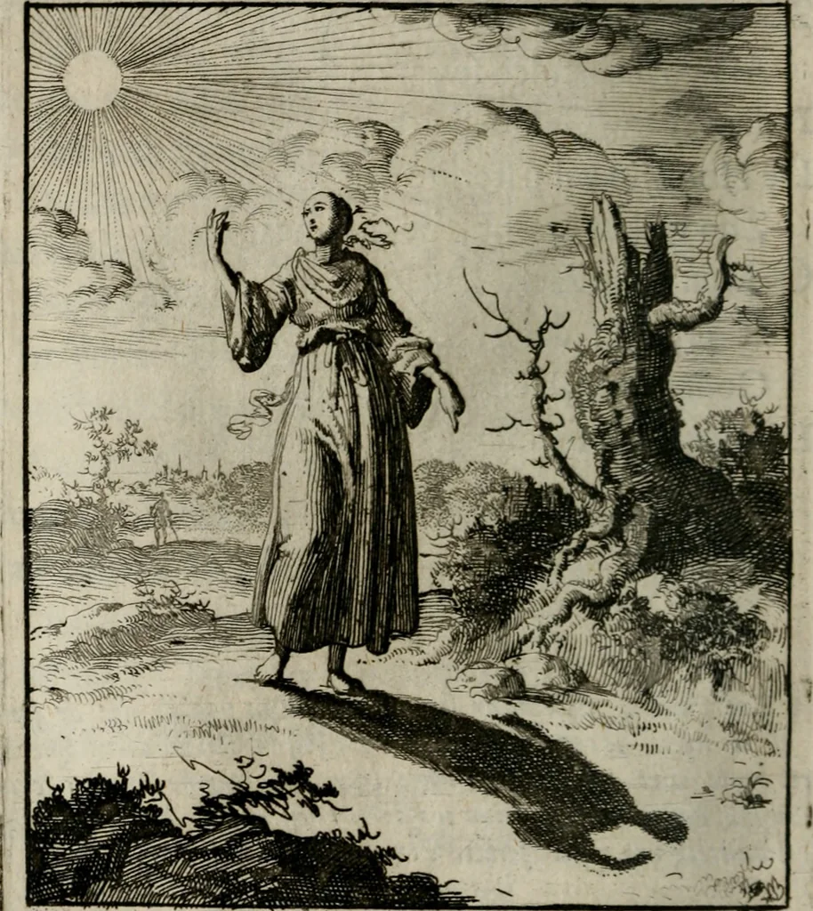 An illustration from Voncken der liefde Jesu, van het Godt-begerende zielen-vuur : zynde bloemetjes der saalige hoope, tot verheugelykheid der wandelaars, langs den weg, na vreeden-ryk : een behelsinge van vyftig sinne-beelden, met hunne, daar op speelende, verssen, en heylige spreuken, 1696, leaf 153