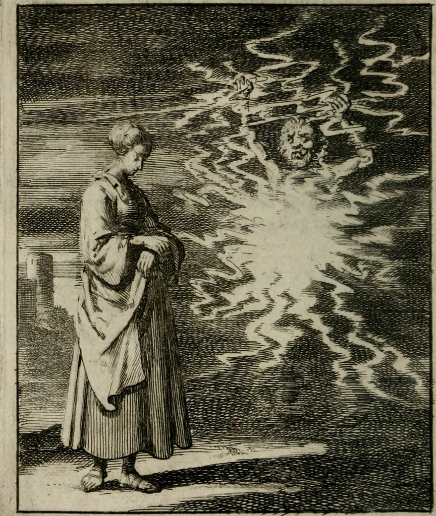 An illustration from Voncken der liefde Jesu, van het Godt-begerende zielen-vuur : zynde bloemetjes der saalige hoope, tot verheugelykheid der wandelaars, langs den weg, na vreeden-ryk : een behelsinge van vyftig sinne-beelden, met hunne, daar op speelende, verssen, en heylige spreuken, 1696, leaf 173