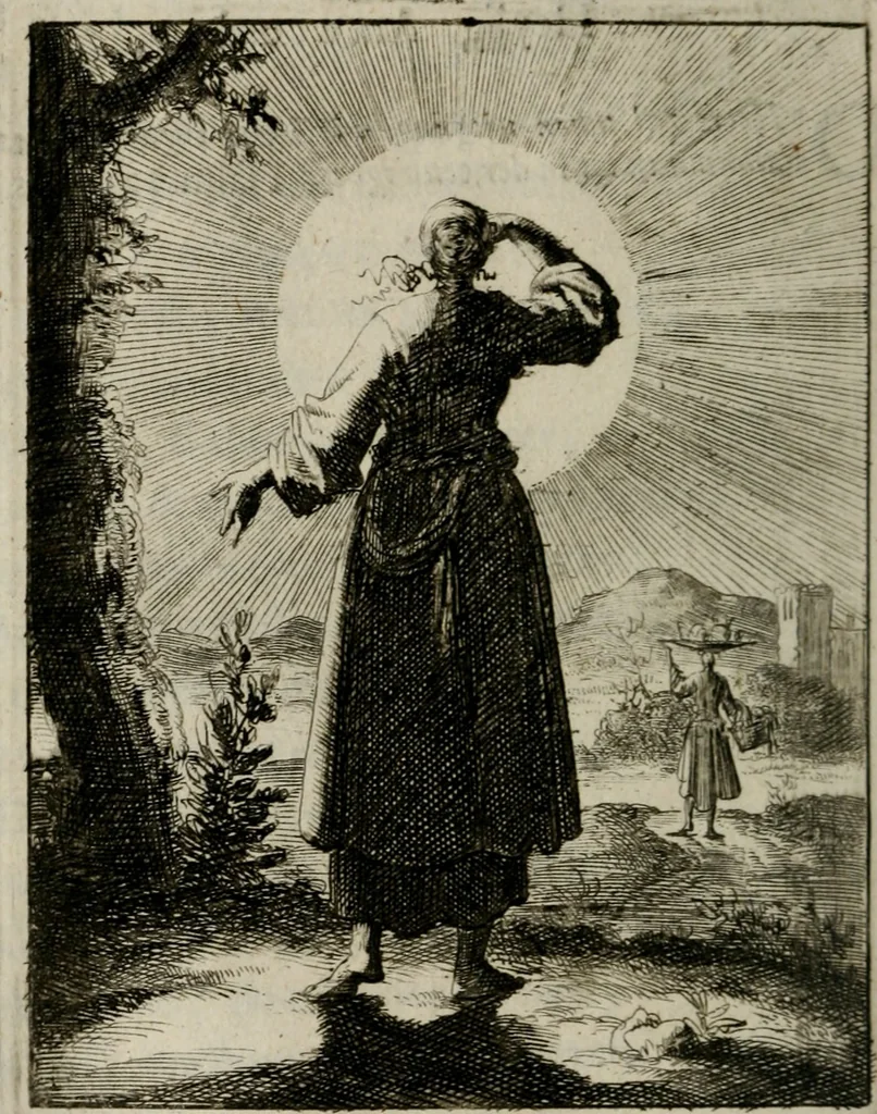 An illustration from Voncken der liefde Jesu, van het Godt-begerende zielen-vuur : zynde bloemetjes der saalige hoope, tot verheugelykheid der wandelaars, langs den weg, na vreeden-ryk : een behelsinge van vyftig sinne-beelden, met hunne, daar op speelende, verssen, en heylige spreuken, 1696, leaf 219