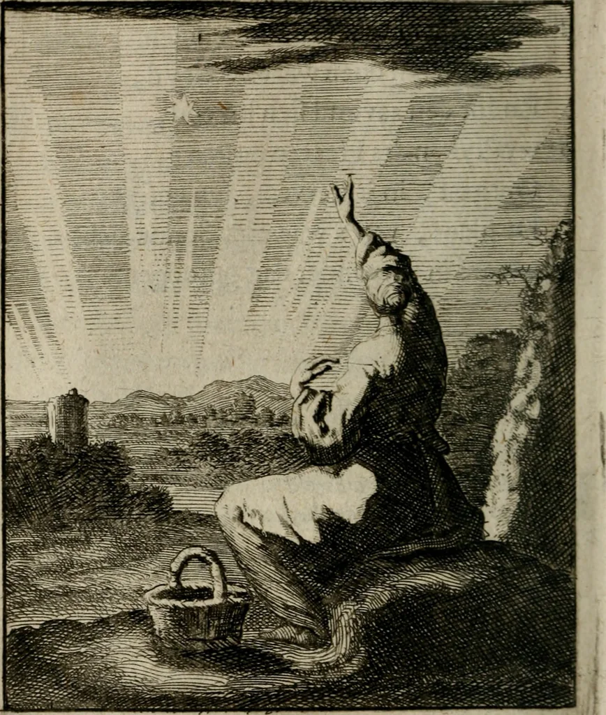 An illustration from Voncken der liefde Jesu, van het Godt-begerende zielen-vuur : zynde bloemetjes der saalige hoope, tot verheugelykheid der wandelaars, langs den weg, na vreeden-ryk : een behelsinge van vyftig sinne-beelden, met hunne, daar op speelende, verssen, en heylige spreuken, 1696, leaf 231