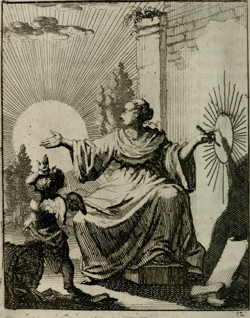 An illustration from Voncken der liefde Jesu, van het Godt-begerende zielen-vuur : zynde bloemetjes der saalige hoope, tot verheugelykheid der wandelaars, langs den weg, na vreeden-ryk : een behelsinge van vyftig sinne-beelden, met hunne, daar op speelende, verssen, en heylige spreuken, 1696, leaf 39