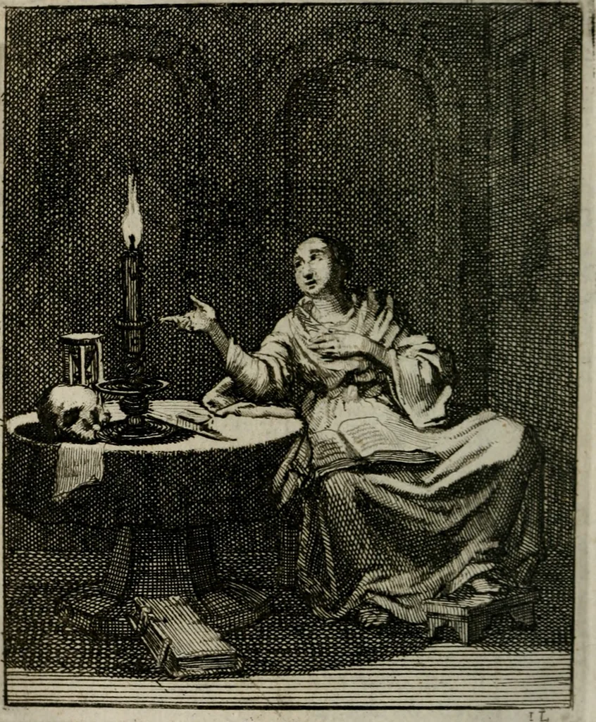 An illustration from Voncken der liefde Jesu, van het Godt-begerende zielen-vuur : zynde bloemetjes der saalige hoope, tot verheugelykheid der wandelaars, langs den weg, na vreeden-ryk : een behelsinge van vyftig sinne-beelden, met hunne, daar op speelende, verssen, en heylige spreuken, 1696, leaf 43