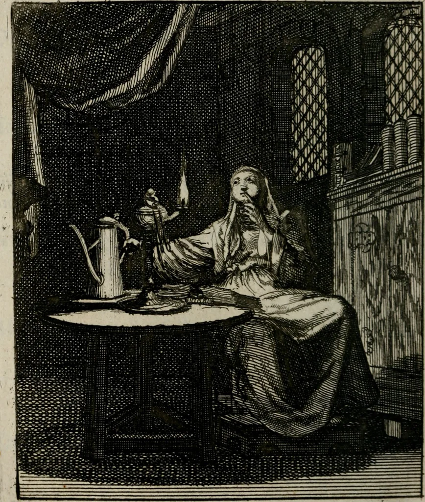 An illustration from Voncken der liefde Jesu, van het Godt-begerende zielen-vuur : zynde bloemetjes der saalige hoope, tot verheugelykheid der wandelaars, langs den weg, na vreeden-ryk : een behelsinge van vyftig sinne-beelden, met hunne, daar op speelende, verssen, en heylige spreuken, 1696, leaf 67