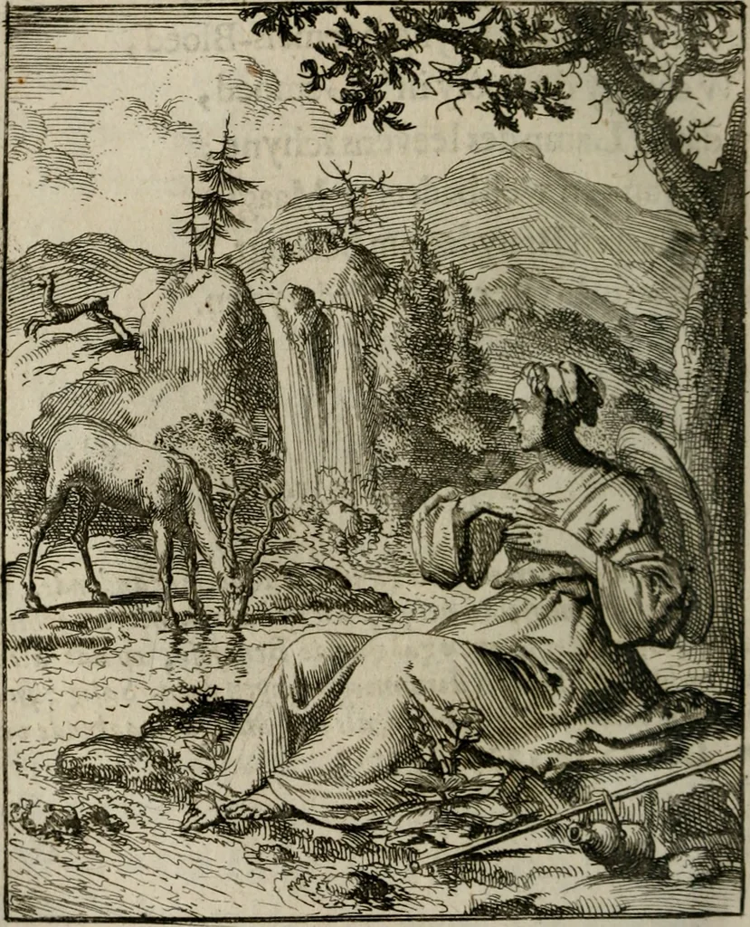 An illustration from Voncken der liefde Jesu, van het Godt-begerende zielen-vuur : zynde bloemetjes der saalige hoope, tot verheugelykheid der wandelaars, langs den weg, na vreeden-ryk : een behelsinge van vyftig sinne-beelden, met hunne, daar op speelende, verssen, en heylige spreuken, 1696, leaf 71