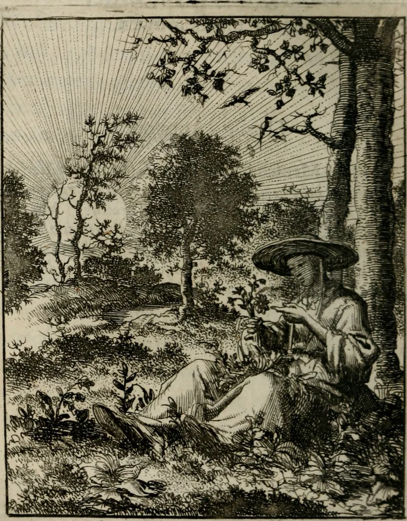 An illustration from Voncken der liefde Jesu, van het Godt-begerende zielen-vuur : zynde bloemetjes der saalige hoope, tot verheugelykheid der wandelaars, langs den weg, na vreeden-ryk : een behelsinge van vyftig sinne-beelden, met hunne, daar op speelende, verssen, en heylige spreuken, 1696, leaf 83