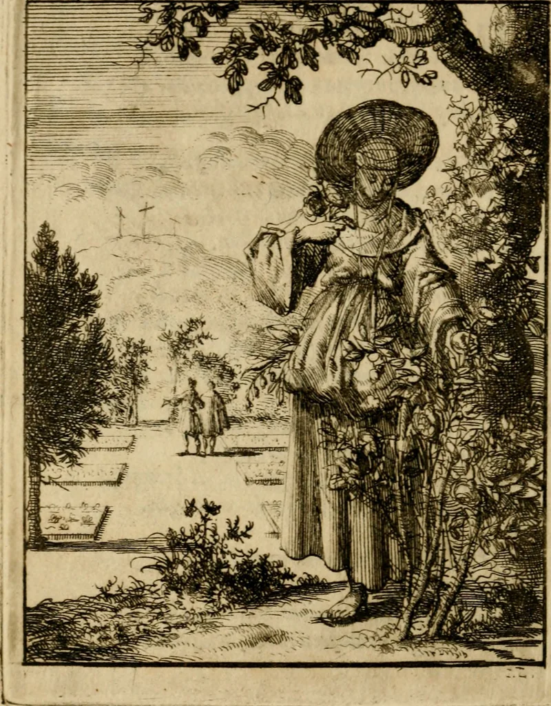 An illustration from Voncken der liefde Jesu, van het Godtbegerende zielenvier : bloemitjes der salige hoope, tot verheugelykheid der wandelaars langs den weg, na vreden ryk : een behelsinge van vyftig sinne-beelden, met hunne daar op spelende verssen, en heylige spreuken, 1687, leaf 111