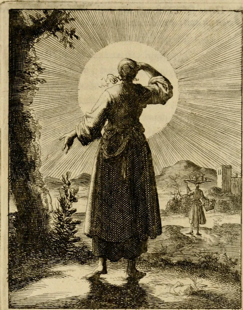 An illustration from Voncken der liefde Jesu, van het Godtbegerende zielenvier : bloemitjes der salige hoope, tot verheugelykheid der wandelaars langs den weg, na vreden ryk : een behelsinge van vyftig sinne-beelden, met hunne daar op spelende verssen, en heylige spreuken, 1687, leaf 221