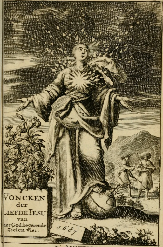 An illustration from Voncken der liefde Jesu, van het Godtbegerende zielenvier : bloemitjes der salige hoope, tot verheugelykheid der wandelaars langs den weg, na vreden ryk : een behelsinge van vyftig sinne-beelden, met hunne daar op spelende verssen, en heylige spreuken, 1687, leaf 6