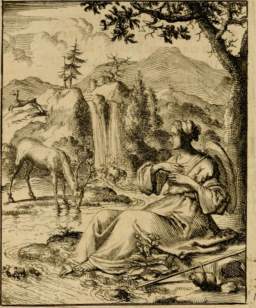 An illustration from Voncken der liefde Jesu, van het Godtbegerende zielenvier : bloemitjes der salige hoope, tot verheugelykheid der wandelaars langs den weg, na vreden ryk : een behelsinge van vyftig sinne-beelden, met hunne daar op spelende verssen, en heylige spreuken, 1687, leaf 73