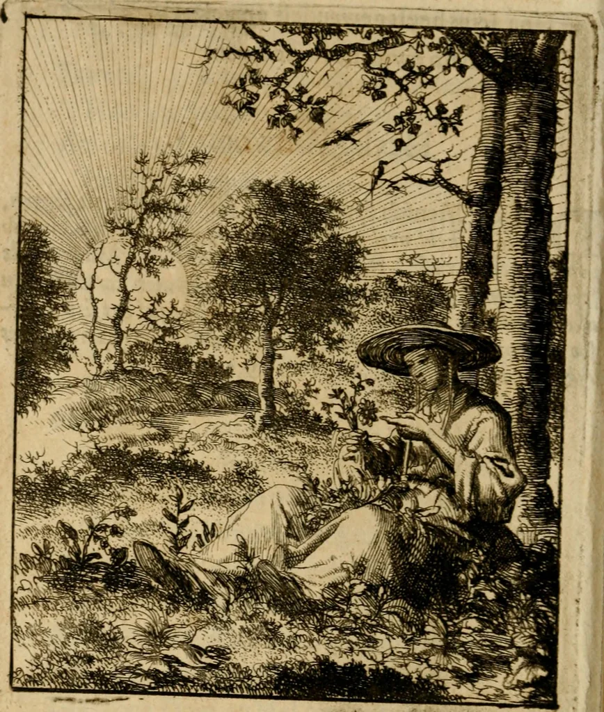 An illustration from Voncken der liefde Jesu, van het Godtbegerende zielenvier : bloemitjes der salige hoope, tot verheugelykheid der wandelaars langs den weg, na vreden ryk : een behelsinge van vyftig sinne-beelden, met hunne daar op spelende verssen, en heylige spreuken, 1687, leaf 85