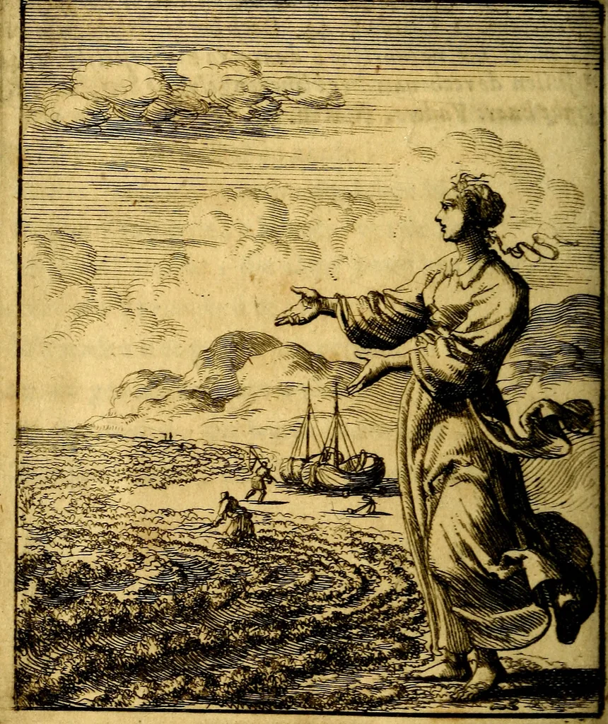 An illustration from Voncken der liefde Jesu : van het Godtbegerende zielenvier : bloemitjes der salige hoope, tot verheugelykheid der wandelaars langs den weg, na vreden ryk : een behelsinge van vyftig sinne-beelden, met hunne daar op spelende verssen, en heylige spreuken, 1687, leaf 105