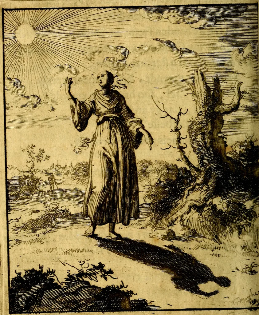 An illustration from Voncken der liefde Jesu : van het Godtbegerende zielenvier : bloemitjes der salige hoope, tot verheugelykheid der wandelaars langs den weg, na vreden ryk : een behelsinge van vyftig sinne-beelden, met hunne daar op spelende verssen, en heylige spreuken, 1687, leaf 157