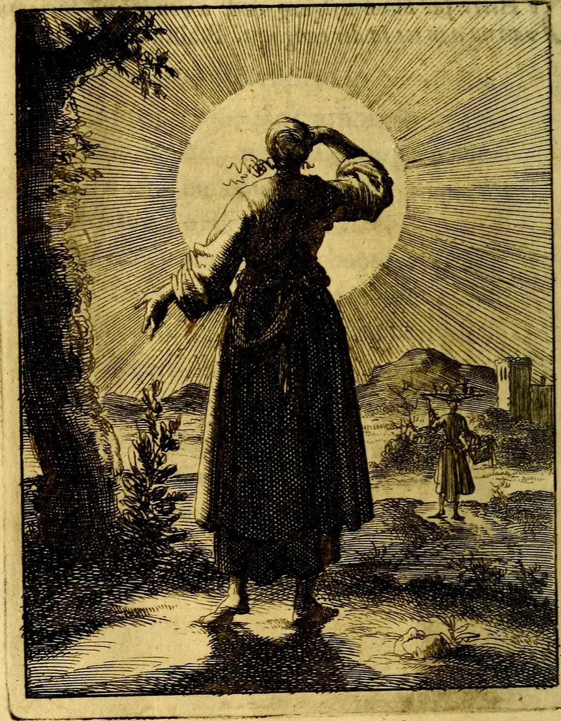 An illustration from Voncken der liefde Jesu : van het Godtbegerende zielenvier : bloemitjes der salige hoope, tot verheugelykheid der wandelaars langs den weg, na vreden ryk : een behelsinge van vyftig sinne-beelden, met hunne daar op spelende verssen, en heylige spreuken, 1687, leaf 223