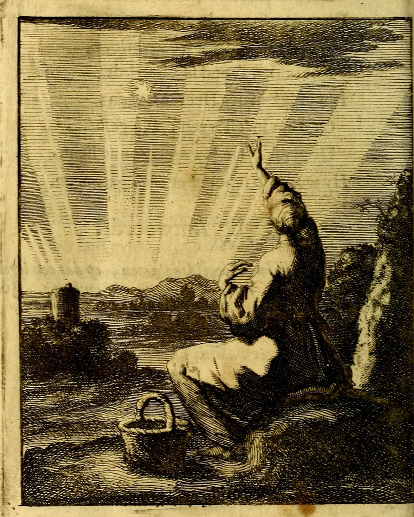 An illustration from Voncken der liefde Jesu : van het Godtbegerende zielenvier : bloemitjes der salige hoope, tot verheugelykheid der wandelaars langs den weg, na vreden ryk : een behelsinge van vyftig sinne-beelden, met hunne daar op spelende verssen, en heylige spreuken, 1687, leaf 235