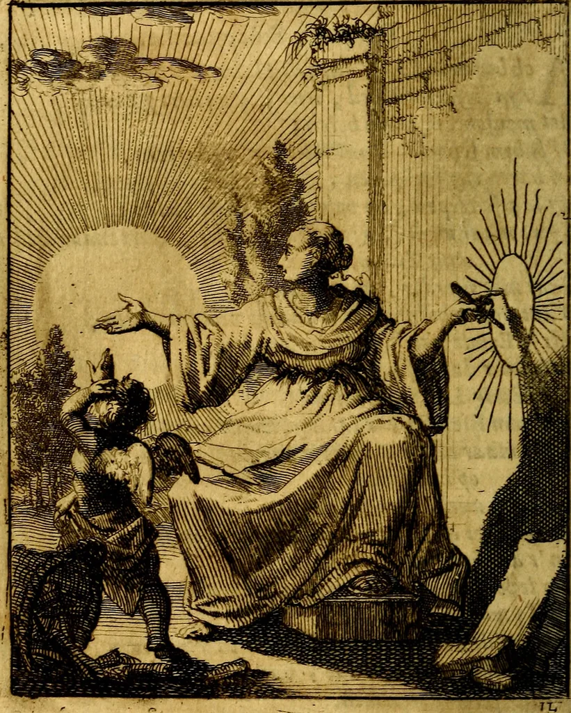 An illustration from Voncken der liefde Jesu : van het Godtbegerende zielenvier : bloemitjes der salige hoope, tot verheugelykheid der wandelaars langs den weg, na vreden ryk : een behelsinge van vyftig sinne-beelden, met hunne daar op spelende verssen, en heylige spreuken, 1687, leaf 43
