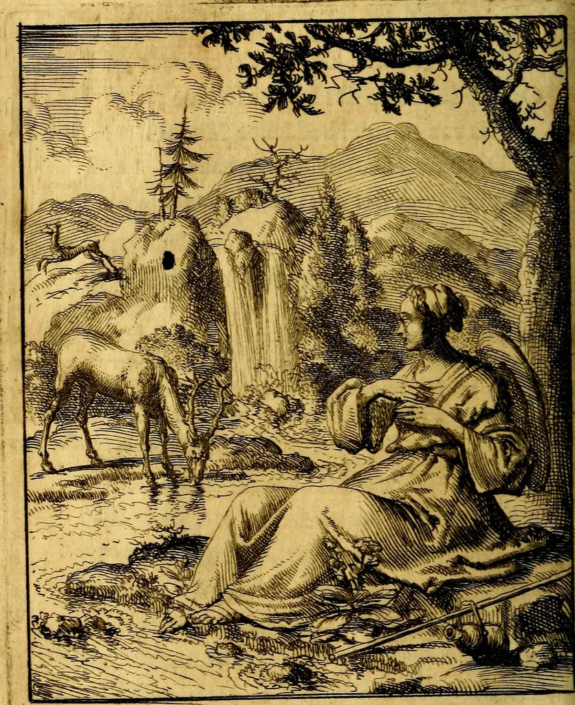 An illustration from Voncken der liefde Jesu : van het Godtbegerende zielenvier : bloemitjes der salige hoope, tot verheugelykheid der wandelaars langs den weg, na vreden ryk : een behelsinge van vyftig sinne-beelden, met hunne daar op spelende verssen, en heylige spreuken, 1687, leaf 75