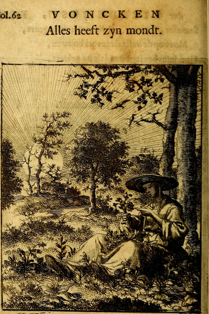 An illustration from Voncken der liefde Jesu : van het Godtbegerende zielenvier : bloemitjes der salige hoope, tot verheugelykheid der wandelaars langs den weg, na vreden ryk : een behelsinge van vyftig sinne-beelden, met hunne daar op spelende verssen, en heylige spreuken, 1687, leaf 87