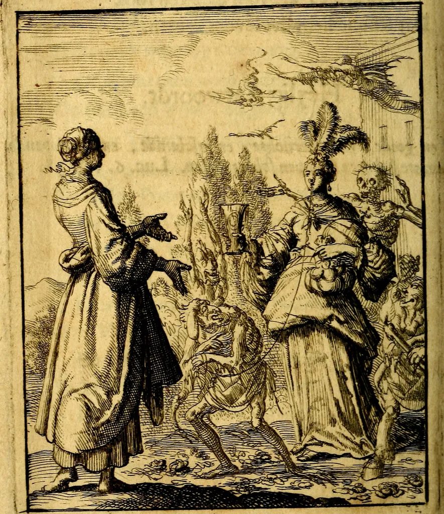 An illustration from Voncken der liefde Jesu : van het Godtbegerende zielenvier : bloemitjes der salige hoope, tot verheugelykheid der wandelaars langs den weg, na vreden ryk : een behelsinge van vyftig sinne-beelden, met hunne daar op spelende verssen, en heylige spreuken, 1687, leaf 97