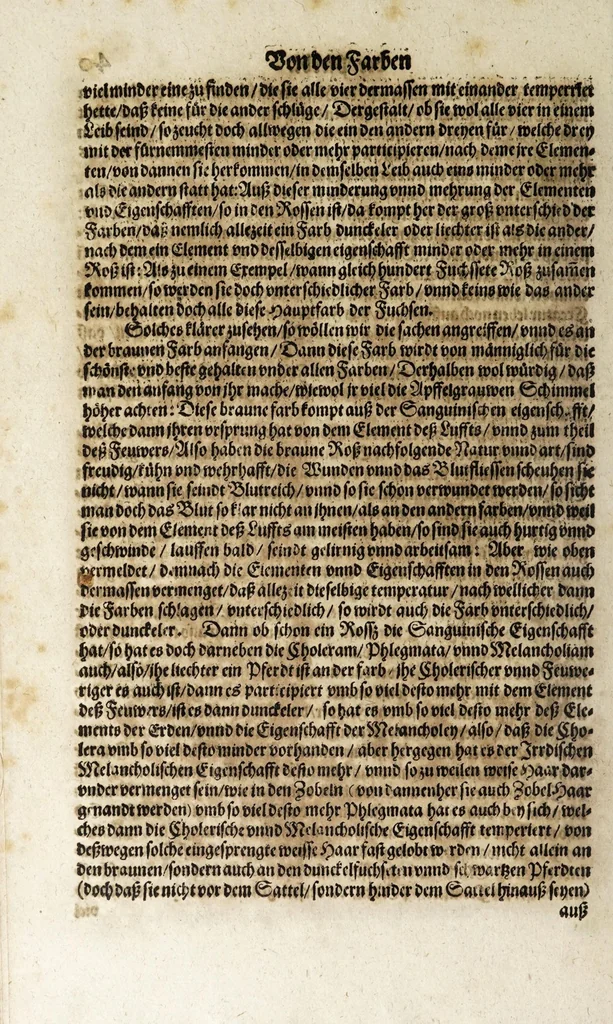 An illustration from Von der Gestüterey, das ist, ein grundtliche Beschreibung wie vnd wa man ein Gestüt von guten edlen Kriegsrossen auffrichten, vnderhalten, vnd wie man die jungen von einem Jar zu dem andern erziehen soll, biss sie einem Bereiter zum abrichten zuvndergeben, vnd so sie abgericht in langwiriger Gesundheit zu erhalten ..., 1611, leaf 100