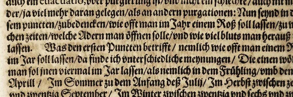 An illustration from Von der Gestüterey, das ist, ein grundtliche Beschreibung wie vnd wa man ein Gestüt von guten edlen Kriegsrossen auffrichten, vnderhalten, vnd wie man die jungen von einem Jar zu dem andern erziehen soll, biss sie einem Bereiter zum abrichten zuvndergeben, vnd so sie abgericht in langwiriger Gesundheit zu erhalten ..., 1611, leaf 242