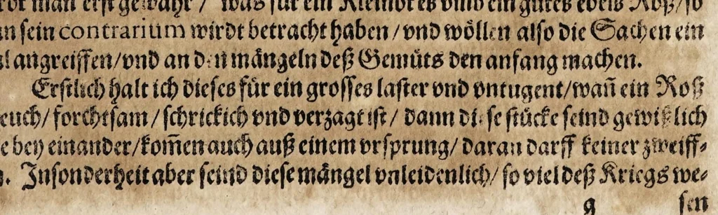 An illustration from Von der Gestüterey, das ist, ein grundtliche Beschreibung wie vnd wa man ein Gestüt von guten edlen Kriegsrossen auffrichten, vnderhalten, vnd wie man die jungen von einem Jar zu dem andern erziehen soll, biss sie einem Bereiter zum abrichten zuvndergeben, vnd so sie abgericht in langwiriger Gesundheit zu erhalten ..., 1611, leaf 253