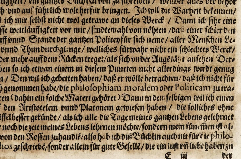An illustration from Von der Gestüterey, das ist, ein grundtliche Beschreibung wie vnd wa man ein Gestüt von guten edlen Kriegsrossen auffrichten, vnderhalten, vnd wie man die jungen von einem Jar zu dem andern erziehen soll, biss sie einem Bereiter zum abrichten zuvndergeben, vnd so sie abgericht in langwiriger Gesundheit zu erhalten ..., 1611, leaf 57