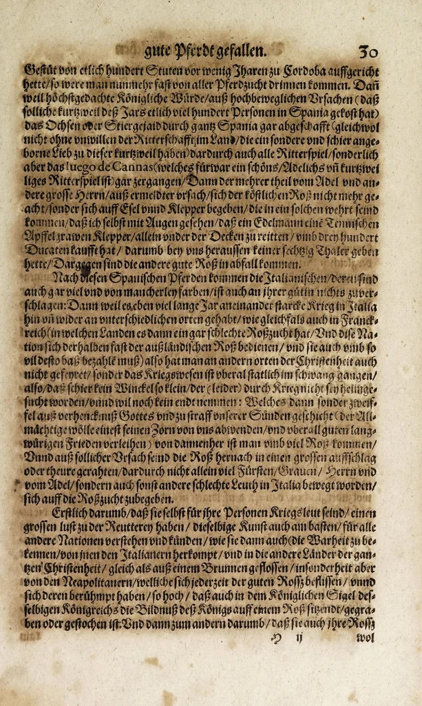 An illustration from Von der Gestüterey, das ist, ein grundtliche Beschreibung wie vnd wa man ein Gestüt von guten edlen Kriegsrossen auffrichten, vnderhalten, vnd wie man die jungen von einem Jar zu dem andern erziehen soll, biss sie einem Bereiter zum abrichten zuvndergeben, vnd so sie abgericht in langwiriger Gesundheit zu erhalten ..., 1611, leaf 79