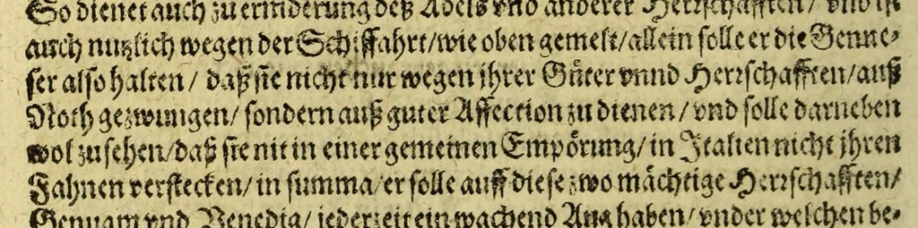 An illustration from Von der spanischen Monarchy, oder aussführliches Bedencken, welchermassen, von dem König in Hispanien, zu nunmehr lang gesuchter Weltbeherrschung, so wol ins gemein, als auff jedes Königreich vnd Land besonders, allerhand Anstalt zu machen sein möchte. ..., 1620, leaf 112