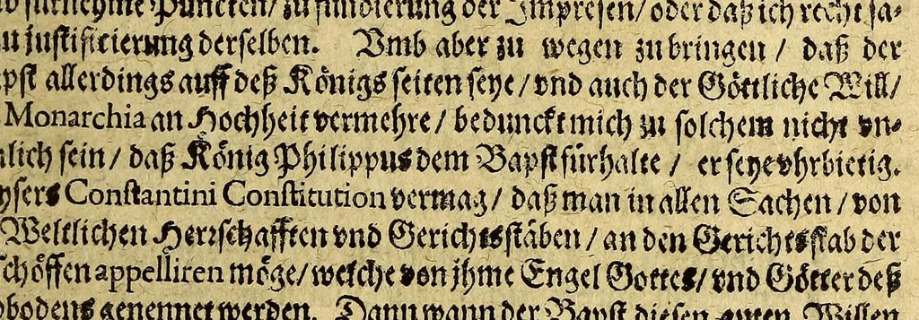 An illustration from Von der spanischen Monarchy, oder aussführliches Bedencken, welchermassen, von dem König in Hispanien, zu nunmehr lang gesuchter Weltbeherrschung, so wol ins gemein, als auff jedes Königreich vnd Land besonders, allerhand Anstalt zu machen sein möchte. ..., 1620, leaf 35