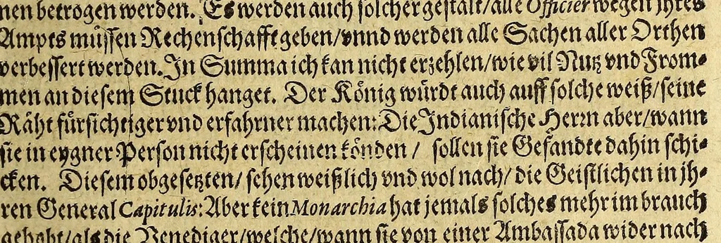 An illustration from Von der spanischen Monarchy, oder aussführliches Bedencken, welchermassen, von dem König in Hispanien, zu nunmehr lang gesuchter Weltbeherrschung, so wol ins gemein, als auff jedes Königreich vnd Land besonders, allerhand Anstalt zu machen sein möchte. ..., 1620, leaf 55