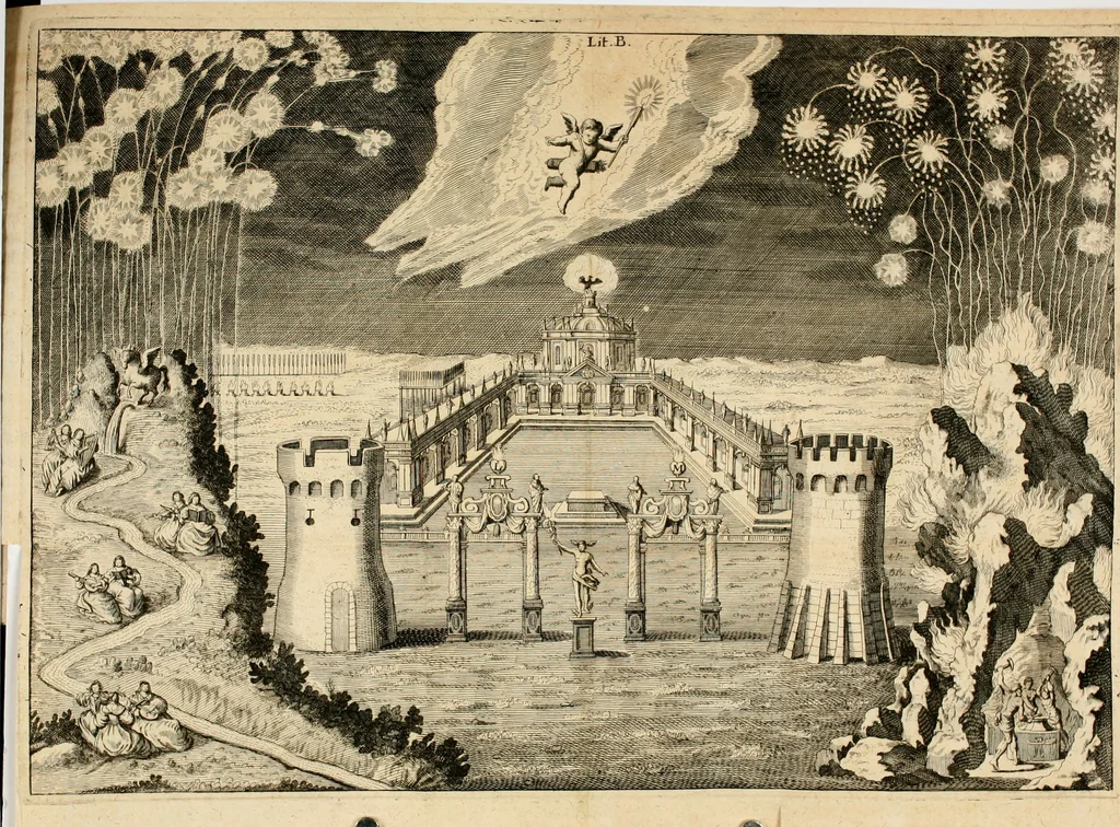 An illustration from Von Himmeln entzündete und, durch allgemeinen Zuruff der Erde, sich himmelwerts erschwingende Frolockungs-Flammen zu höchstfeyerlichster Begängnüss dess hochzeitlichen Beylagers, bey der allerdurchleuchtigsten Majestäten Leopoldi I. Römischen Kaysers ... und Margaritae geborner Infantin von Hispanien ... : vollzogen am Fest der Empfängnüss Mariae den 8. Decemb. st. n. 1666 dess Abends, nächst vor der Kayserl. Burg, ausserhalb der Statt Wien, an dem Graben, und der neben selbigem Thor, daran gelegnen Pastey : auffs deutlichste beschrieben, und mit unterschiedlichen zum Werck dienenden Kupfferstücken gezieret und gedruckt, 1667, leaf 15